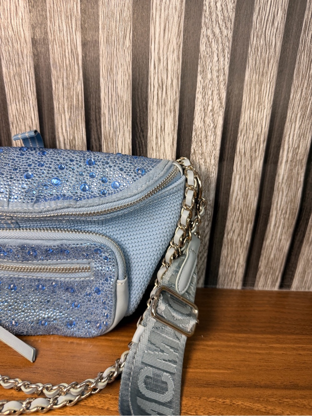 Steve Madden Light Blue Embellished Crossbody Bag with Chain Detail - Picture 9 of 16